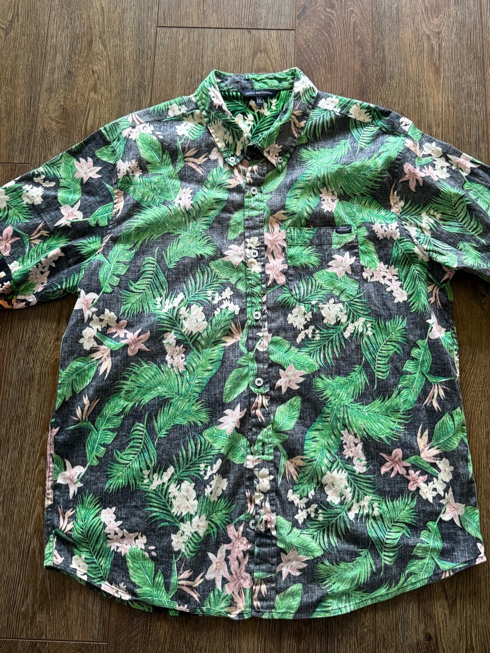 Simply Southern Green and Pink Tropical Button-Down Shirt